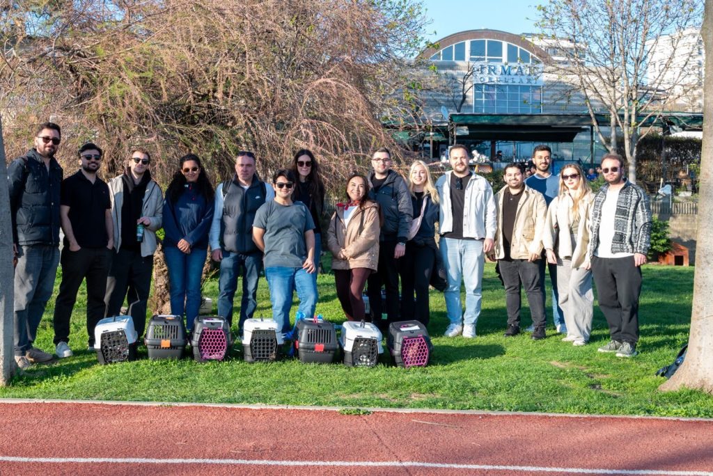 Ağaçların önünde çimenlikte sıralanmış gönüllüler